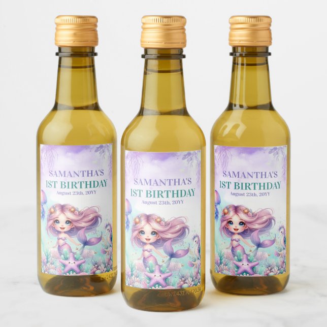 Wasserfarbe lila und aquamarin Meerjungfrau 1. Geb Weinetikett (Flaschen)