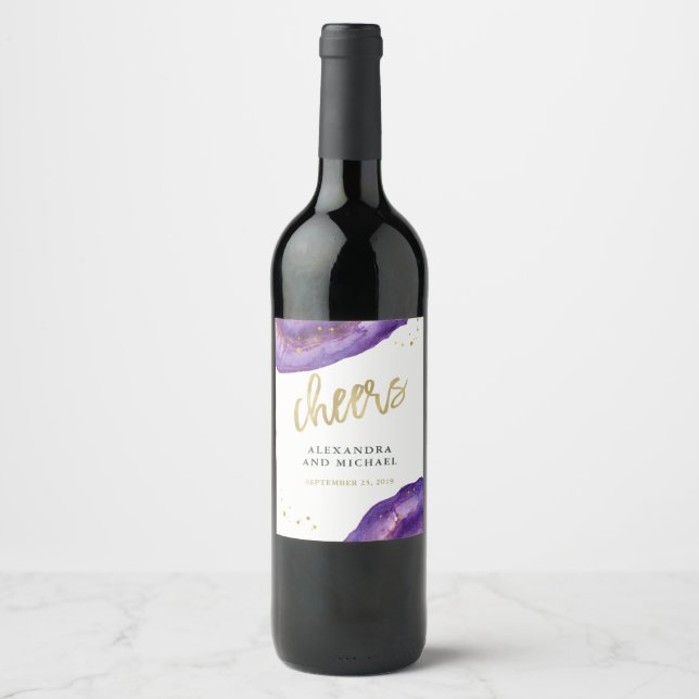 Wasserfarbe Lila und Gold Geode Wedding Cheers Weinetikett (Vorderseite)