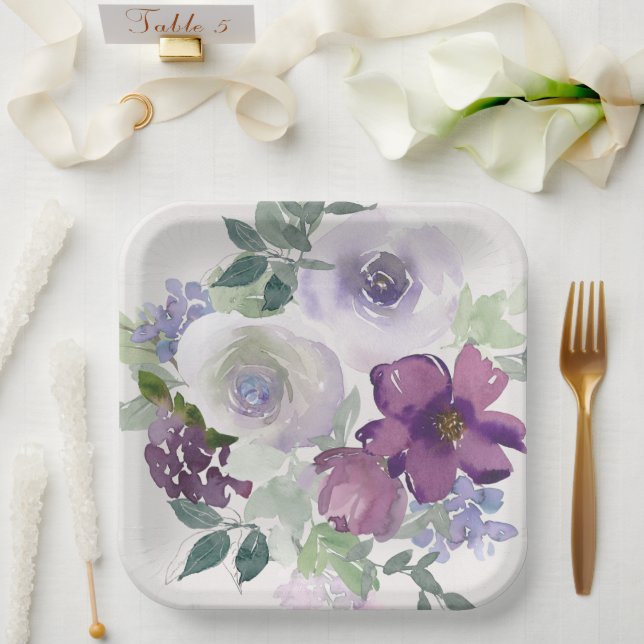 Wasserfarbe Lila und Lavendel-Blume Pappteller (Hochzeit)
