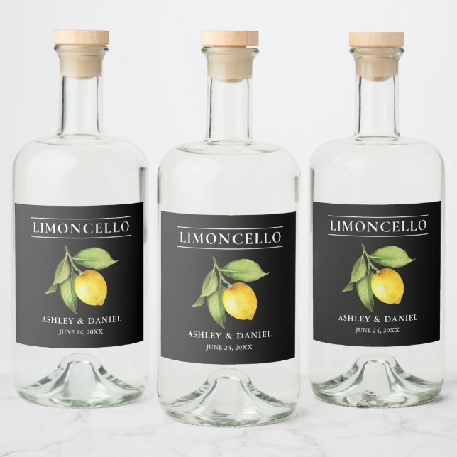 Wasserfarbe Limoncello Schwarze Flasche Alkoholflaschenetikett (Flaschen)