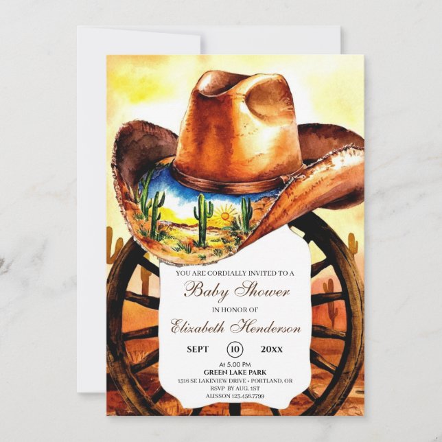 Wasserfarbe Little Rodeo Cowboy Babydusche Einladung (Vorderseite)