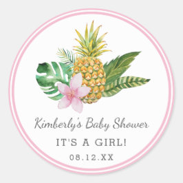Wasserfarbe Luau Babydusche | Rosa | Runder Aufkleber