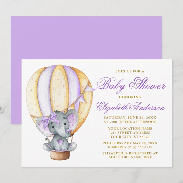 Wasserfarbe Luftballon Elefant Lila Babydusche Einladung (Vorne/Hinten)