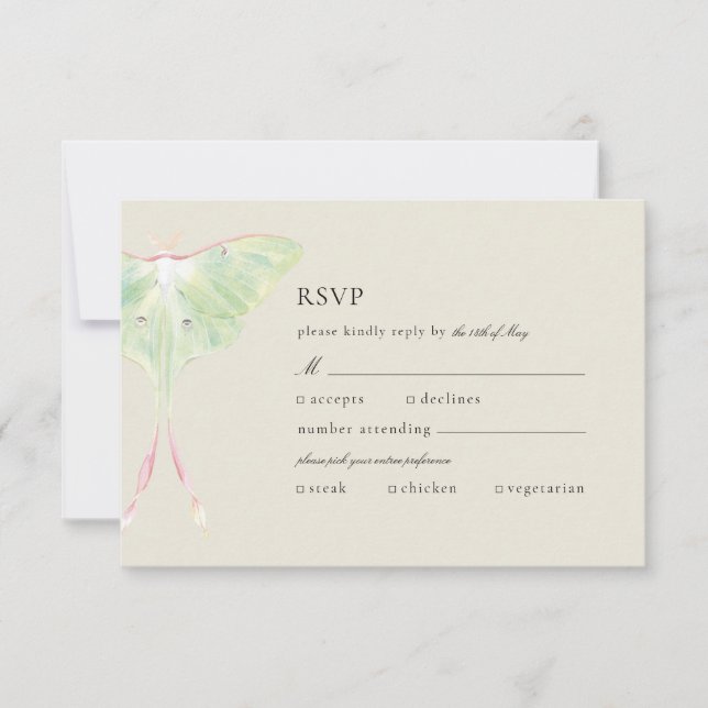 Wasserfarbe Luna Moth Wedding RSVP Karte (Vorderseite)
