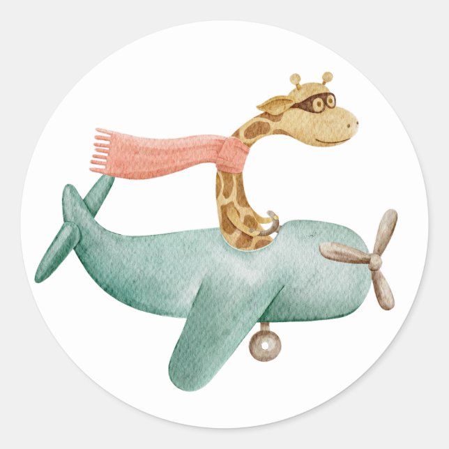 Wasserfarbe lustige Giraffe und Flugzeug. Kind Runder Aufkleber (Vorderseite)