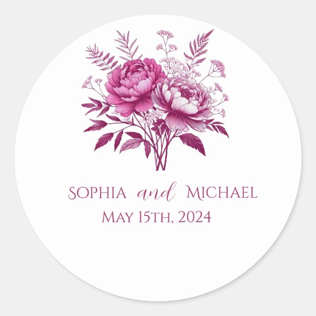 Wasserfarbe Magenta Peony - Hochzeitsticker Runder Aufkleber (Vorderseite)