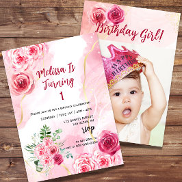 Wasserfarbe Magenta Rosa Rose Erster Geburtstag Fo Einladung