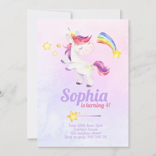Wasserfarbe Magische Einhorn Rainbow Pastel Geburt Einladung (Vorderseite)