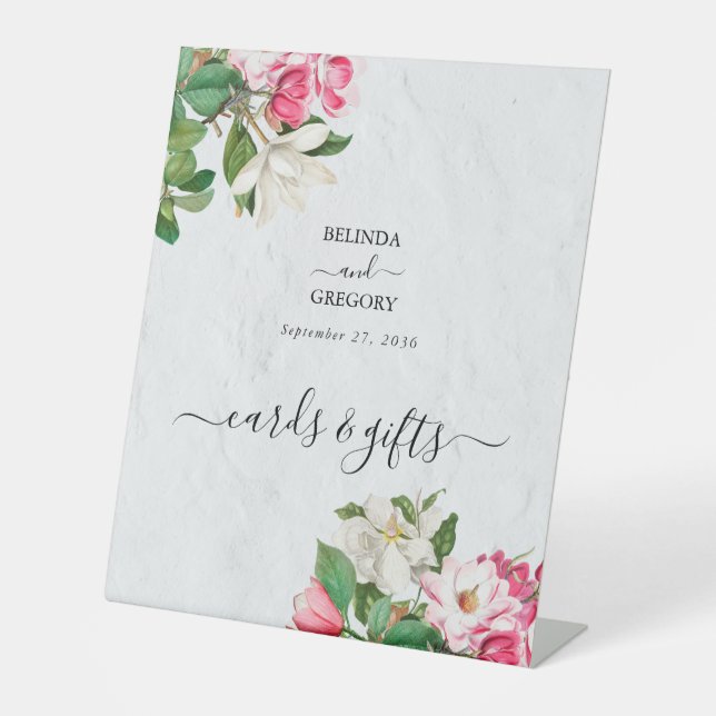 Wasserfarbe Magnolia Blume Hochzeitskarten Geschen Sockelschild (Vorderseite)