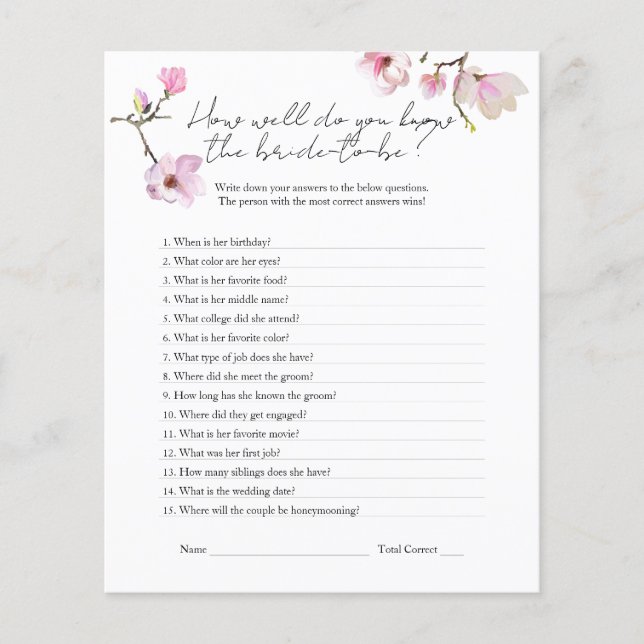 Wasserfarbe Magnolia Know the Bride Dusche Spiel Flyer (Vorne)