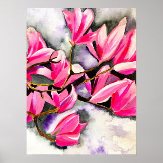 Wasserfarbe Magnolie Rosa Poster
