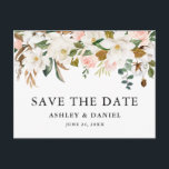 Wasserfarbe Magnolien Rosen Save the Date Postkarte<br><div class="desc">Elegante Wasserfarbe Rosen und Weiße Magnolien Save the Date Hochzeitsankündigung Postcard beinhaltet botanische Grün-und Eukalyptus-Blätter.</div>