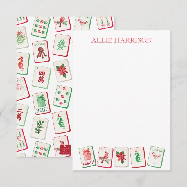 Wasserfarbe Mahjong Rot & Grün Weihnachtssteine Mitteilungskarte (Vorne/Hinten)