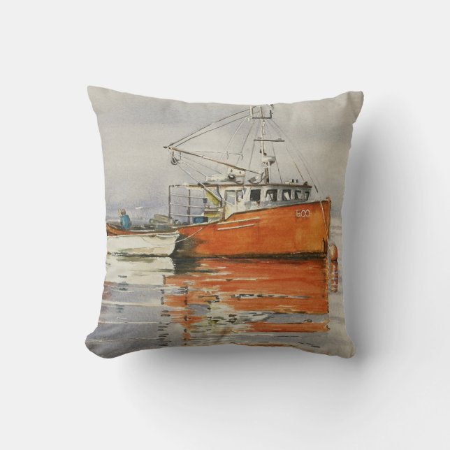 Wasserfarbe Maine Fischerboot Orange Grau Kissen (Vorderseite)