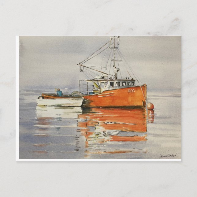 Wasserfarbe Maine Fischerboot Orange Grau Postkarte (Vorderseite)