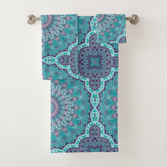 Wasserfarbe Mandala Aquamarin und Lila Badhandtuch Set (Insitu)