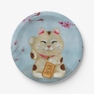 Wasserfarbe Maneki-neko Katze unter blühender Sak Pappteller