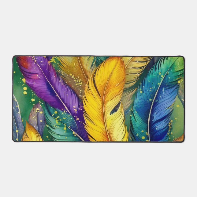 Wasserfarbe Mardi Gras Feather nahtloses Muster Schreibtischunterlage (Vorderseite)