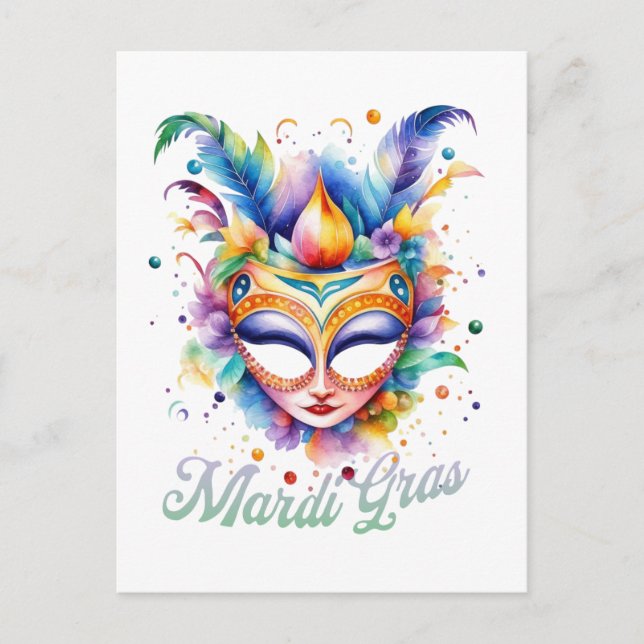 Wasserfarbe Mardi Gras Maske Postkarte (Vorderseite)