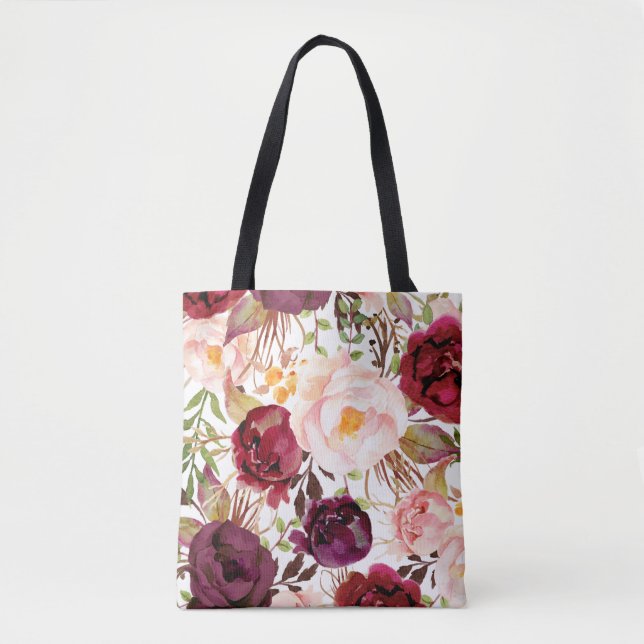 Wasserfarbe Marsala Rosa Rosa Blumenstrauß Beutel Tasche (Vorderseite)