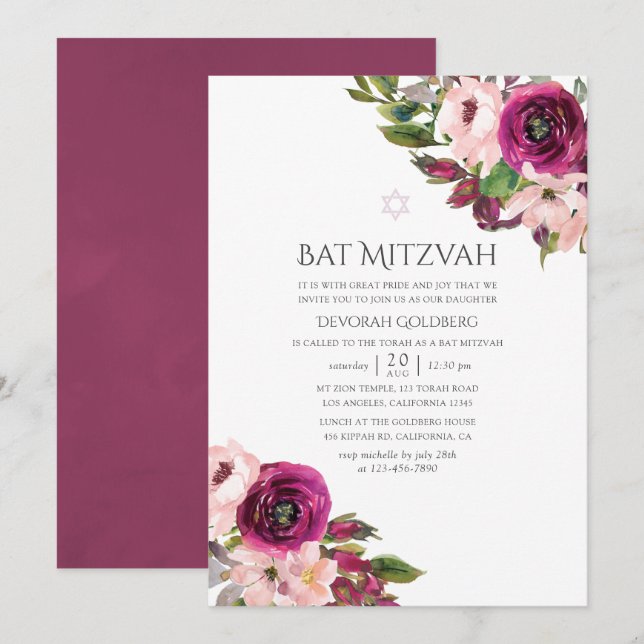 Wasserfarbe Marsala und Blush Floral Bat Mitzvah Einladung (Vorne/Hinten)