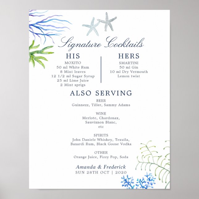Wasserfarbe Meeresalgen Strand Hochzeitscocktails  Poster (Vorne)