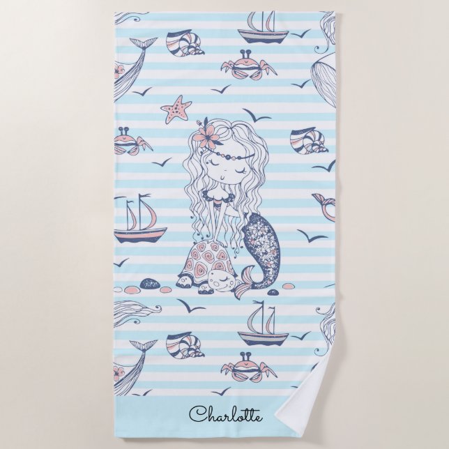 Wasserfarbe Mermaid Blaustreifen Strandtuch (Vorderseite)