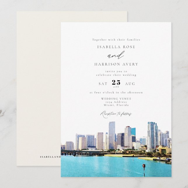 Wasserfarbe Miami Florida Skyline Hochzeit Einladung (Vorne/Hinten)