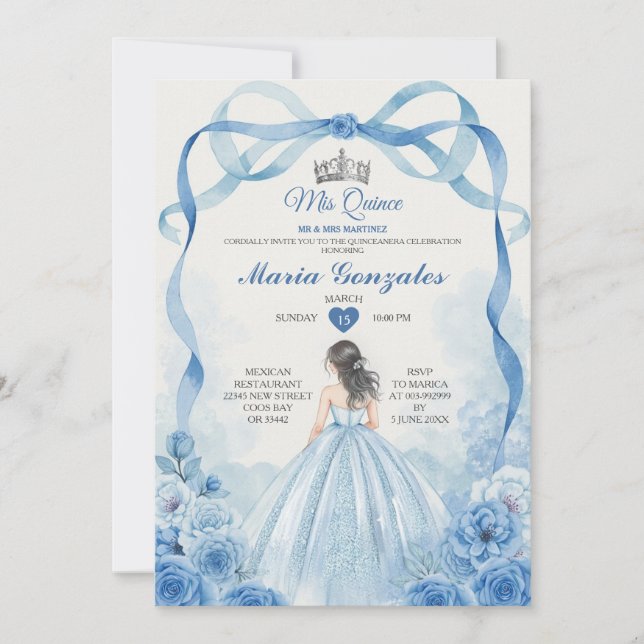 Wasserfarbe Mis Quince Dusty Blue Quinceañera Einladung (Vorderseite)