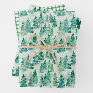Wasserfarbe Misty Pine Weihnachtsbaumwald Geschenkpapier Set