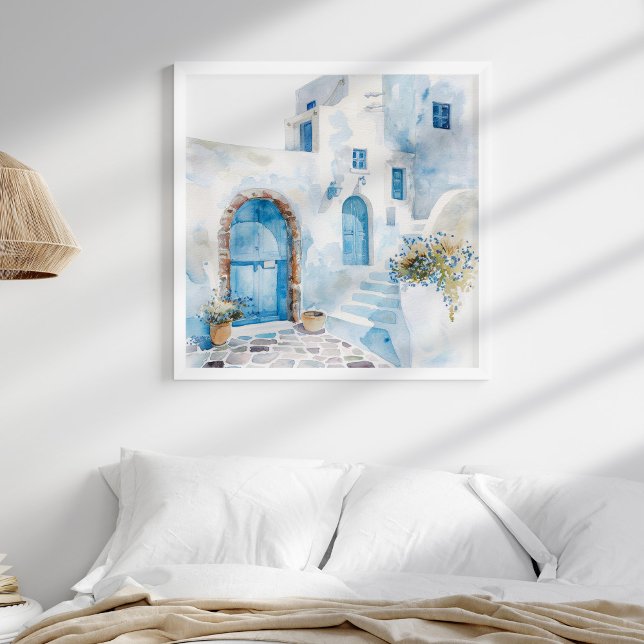 Wasserfarbe Mittelmeerküste Wandern neben dem Wass Poster (Watercolor Mediterranean Coastal Travel Wall Art in a neutral coastal boho bedroom in white frame.)