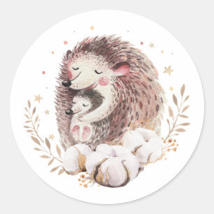 Wasserfarbe Mommy and Baby Igel Woodland Runder Aufkleber