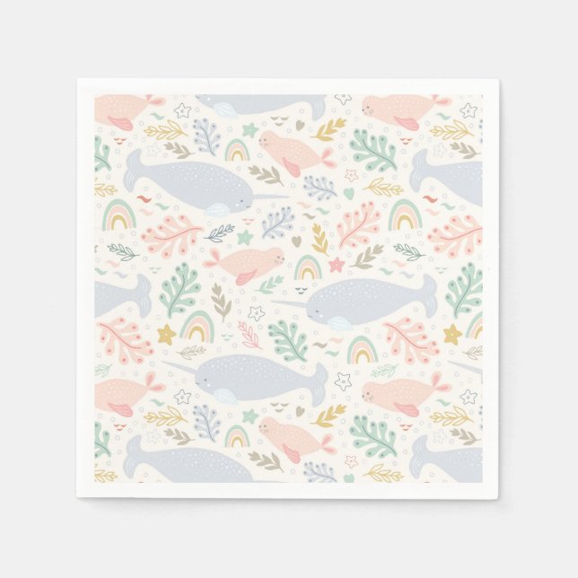 Wasserfarbe Narwhal & Siegel Muster Serviette (Vorderseite)