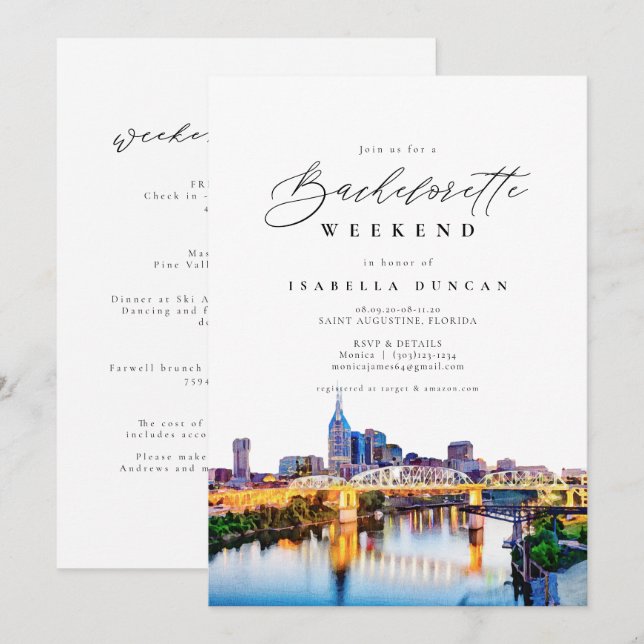 Wasserfarbe Nashville Bachelorette Route und Einladung (Vorne/Hinten)