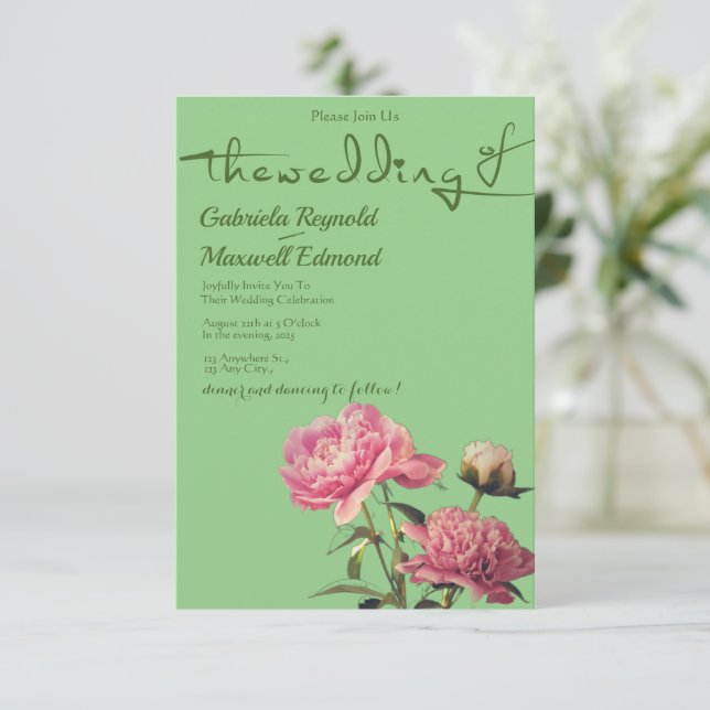 Wasserfarbe Natur Grüne Peony Hochzeit Einladung (Stehend Vorderseite)