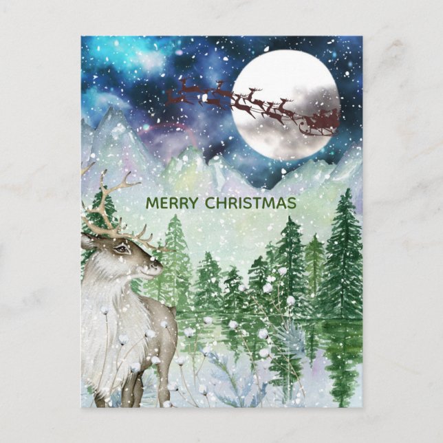 Wasserfarbe Natur Weihnachtsmann Rentiere Hirsch Postkarte (Vorderseite)