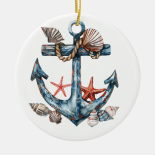 WASSERFARBE NAUTISCHER ANCHOR MIT SAASHELLEN KERAMIK ORNAMENT