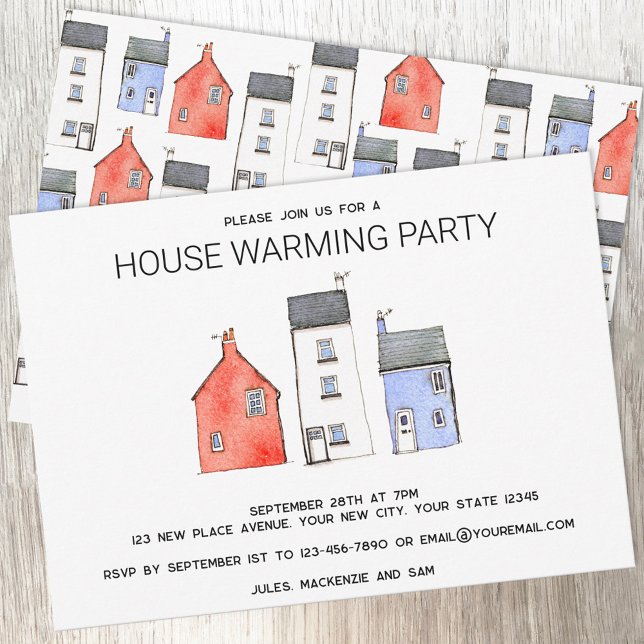 Wasserfarbe Neue Haustürwärmungspartei Einladung (Housewarming party watercolor house art moving new home invitation or announcement)