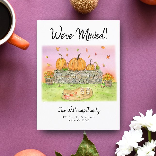 Wasserfarbe Neue Zuhause Herbst Picknick Pumpkins Ankündigungspostkarte (Welcome fall and your new home with this picturesque autumn announcement.)