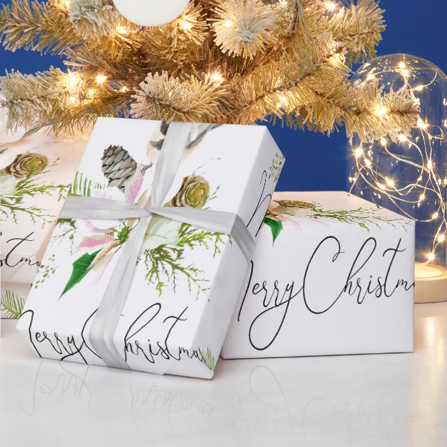 Wasserfarbe Niedlich Chickadee Bird Pointsettia Bl Geschenkpapier (Feiertage)