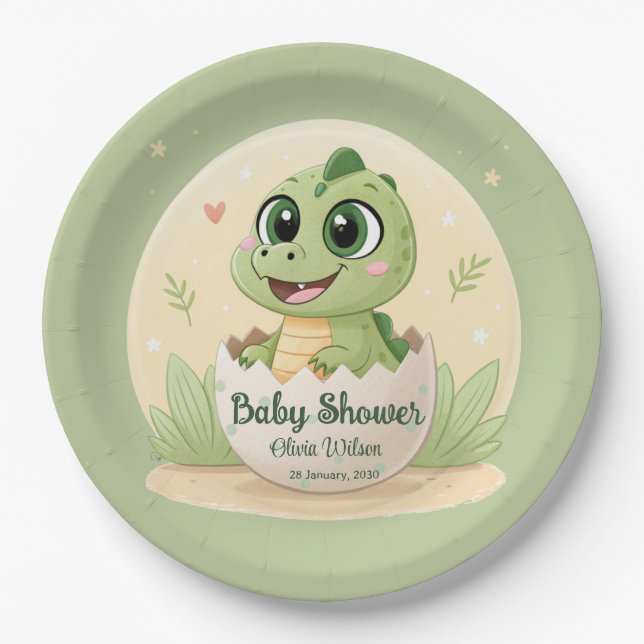 Wasserfarbe Niedlich Dinosaurier Grüne Boy Babydus Pappteller (Vorderseite)