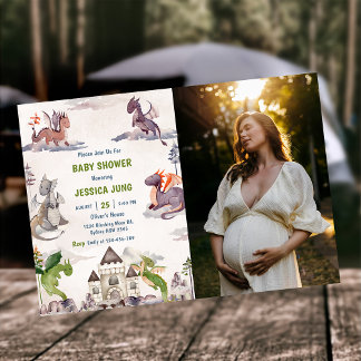 Wasserfarbe Niedlich Dragon Baby Dusche Foto Einladung