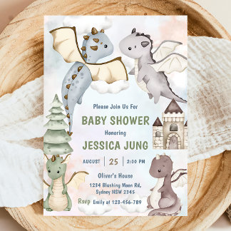 Wasserfarbe Niedlich Dragon Baby Dusche Party Einladung