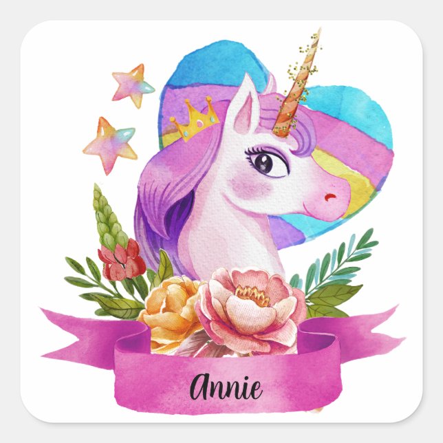 Wasserfarbe Niedlich Einhorn Individuelle Name Quadratischer Aufkleber (Vorderseite)