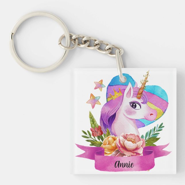 Wasserfarbe Niedlich Einhorn Individuelle Name Schlüsselanhänger (Vorderseite)