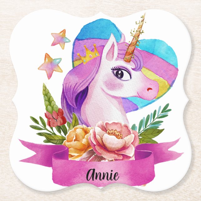Wasserfarbe Niedlich Einhorn Individuelle Name Untersetzer (Vorderseite)