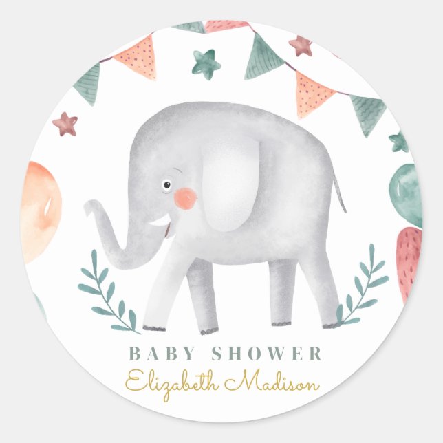 Wasserfarbe Niedlich Elephant Baby Dusche Runder Aufkleber (Vorderseite)