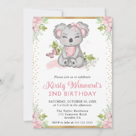 Wasserfarbe Niedlich Floral Koala Girl 2. Geburtst Einladung