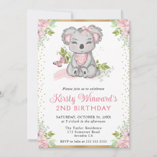 Wasserfarbe Niedlich Floral Koala Girl 2. Geburtst Einladung