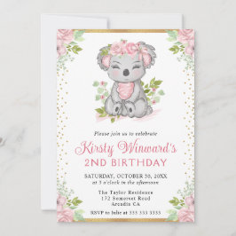 Wasserfarbe Niedlich Floral Koala Girl 2. Geburtst Einladung